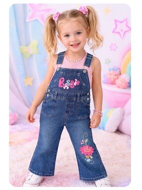 Vintage Barbie Embroidered Denim Overalls  Y2K Barbiecore Floral Wide Leg 3T HTF